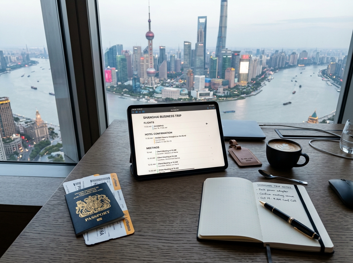 Executive business travel itinerary planning desk overlooking Shanghai skyline