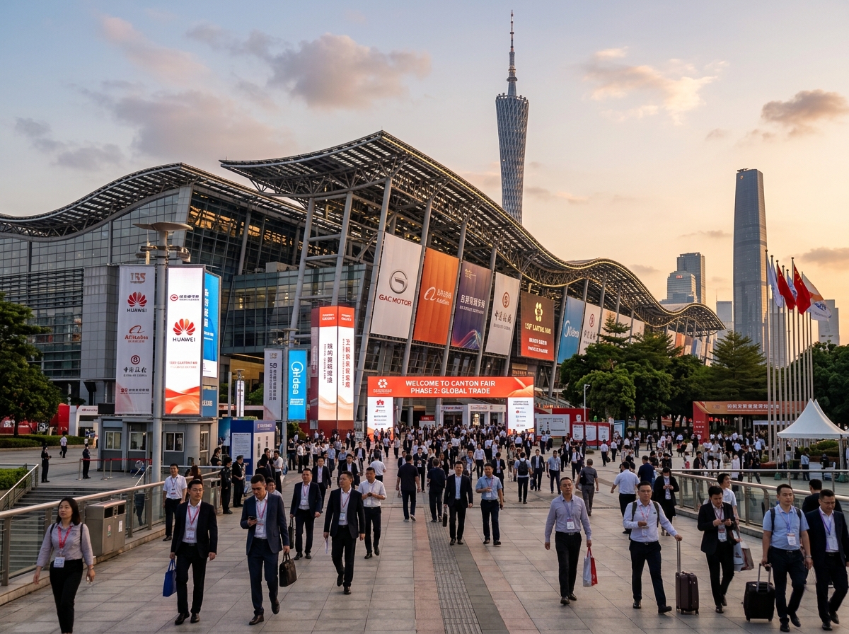 Vibrant Canton Fair exhibition hall with business delegates in Guangzhou
