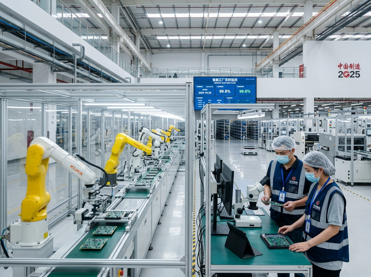 Modern high-tech automated manufacturing facility with engineers and robotics