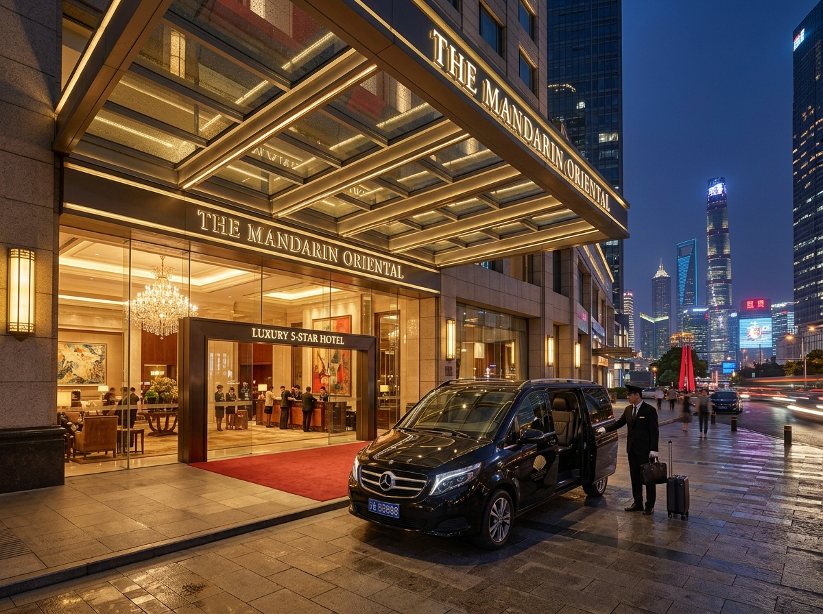 Luxury 5-star executive hotel front lobby entrance with VIP shuttle vehicle