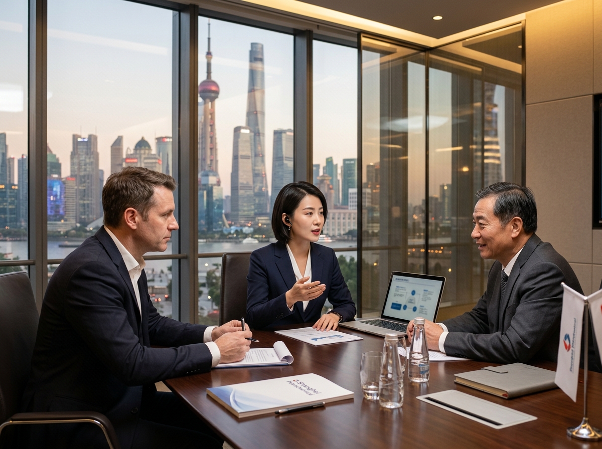 Professional Chinese business interpreter assisting international delegate at a meeting