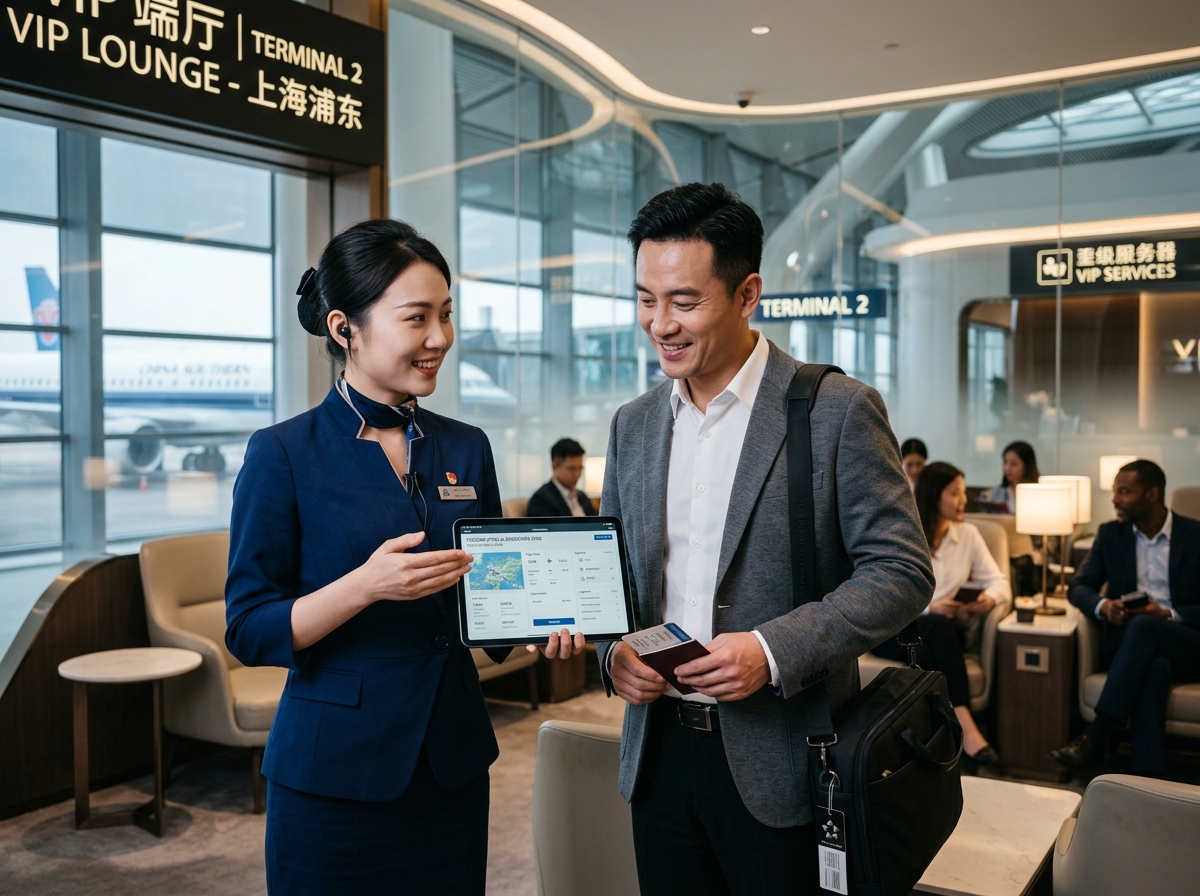 Ground support travel agent assisting business traveler with logistics