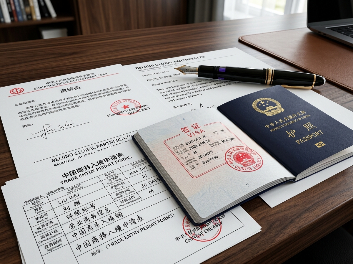 Chinese business visa stamped passport with invitation letters and documents