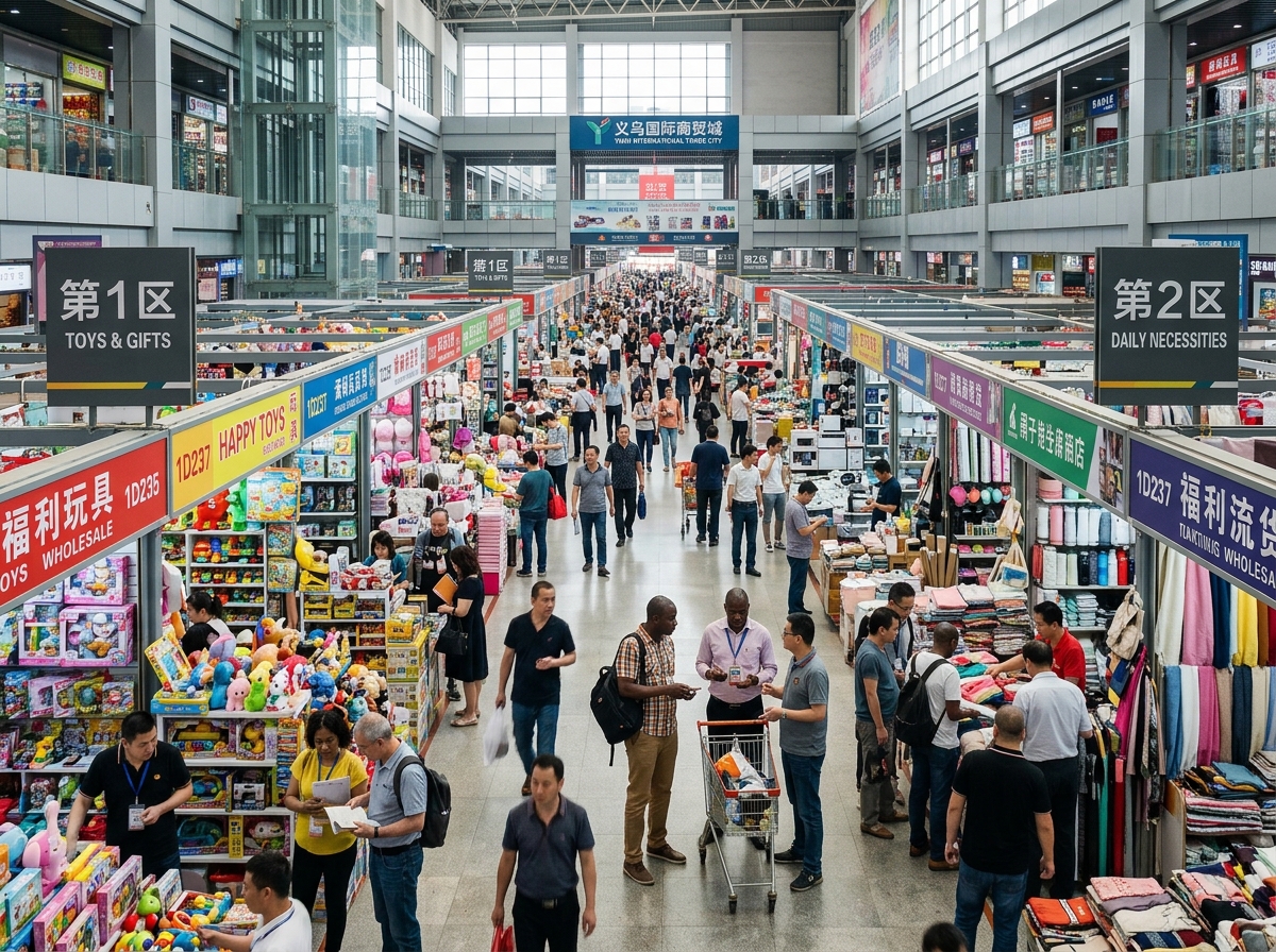 Bustling Yiwu International Trade City wholesale market hall with product displays