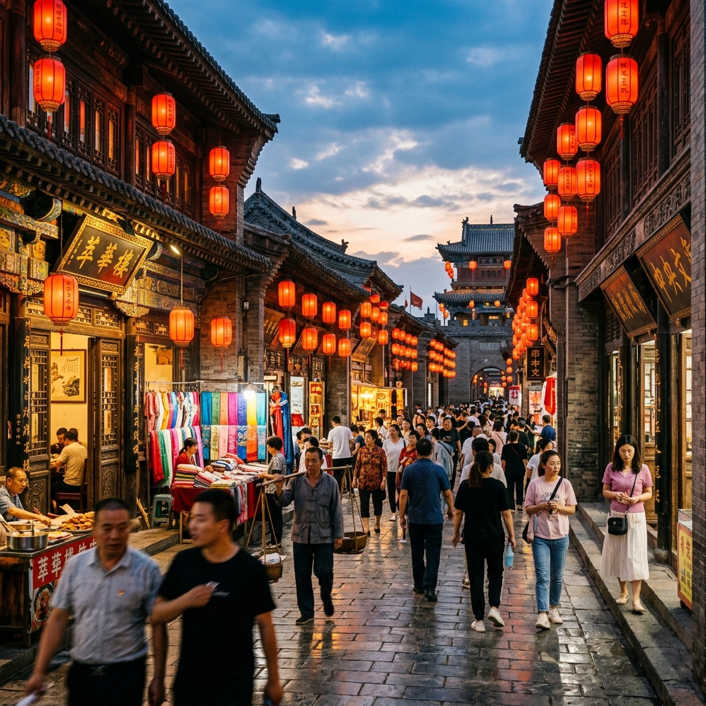 Vibrant ancient Chinese city street glowing with red lanterns at twilight