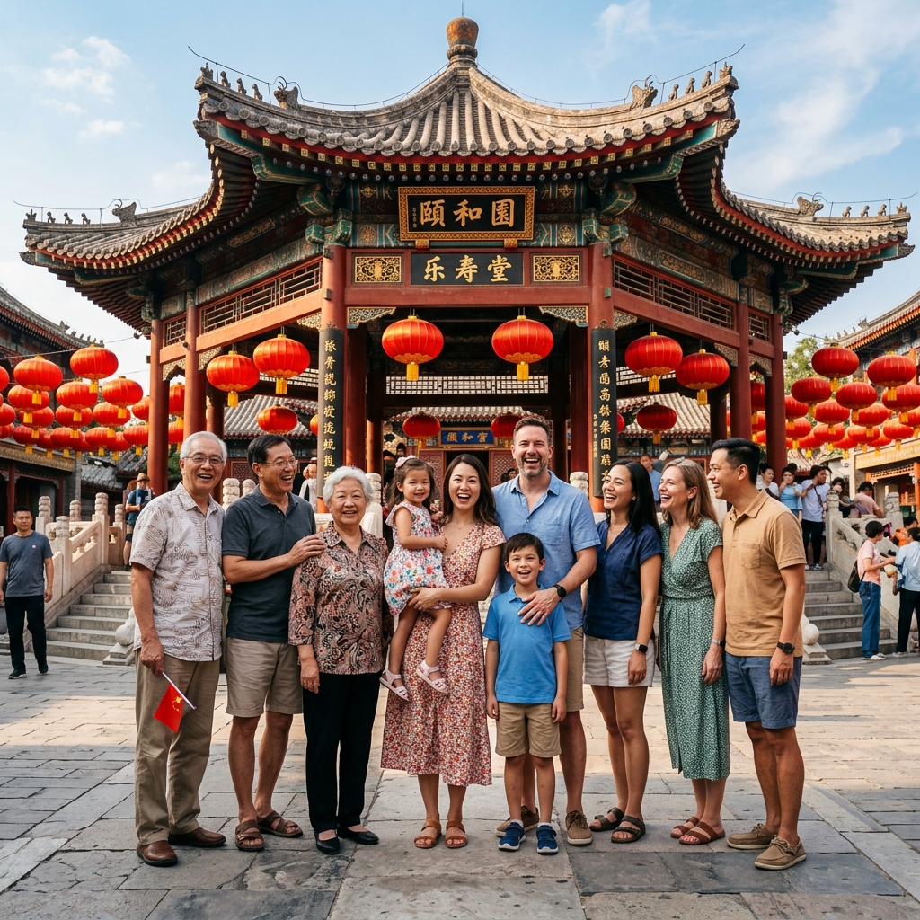Happy family and small group vacation at historic Chinese pavilion