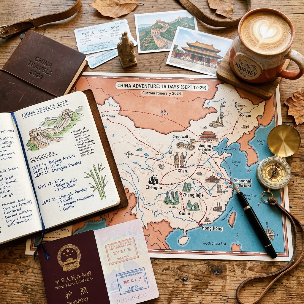 Travel planning flatlay with custom China map, journal and passport