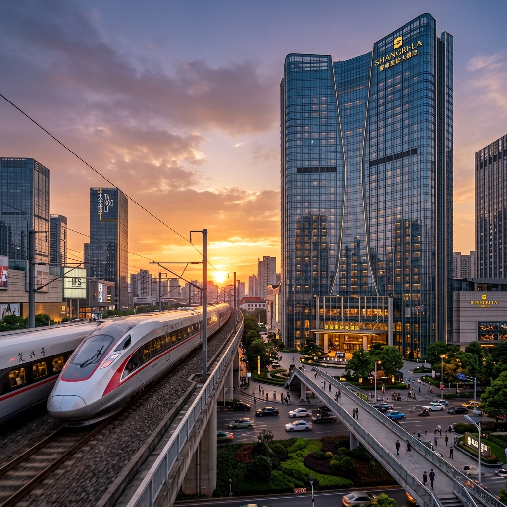High-speed bullet train beside a luxury modern hotel skyscraper in China