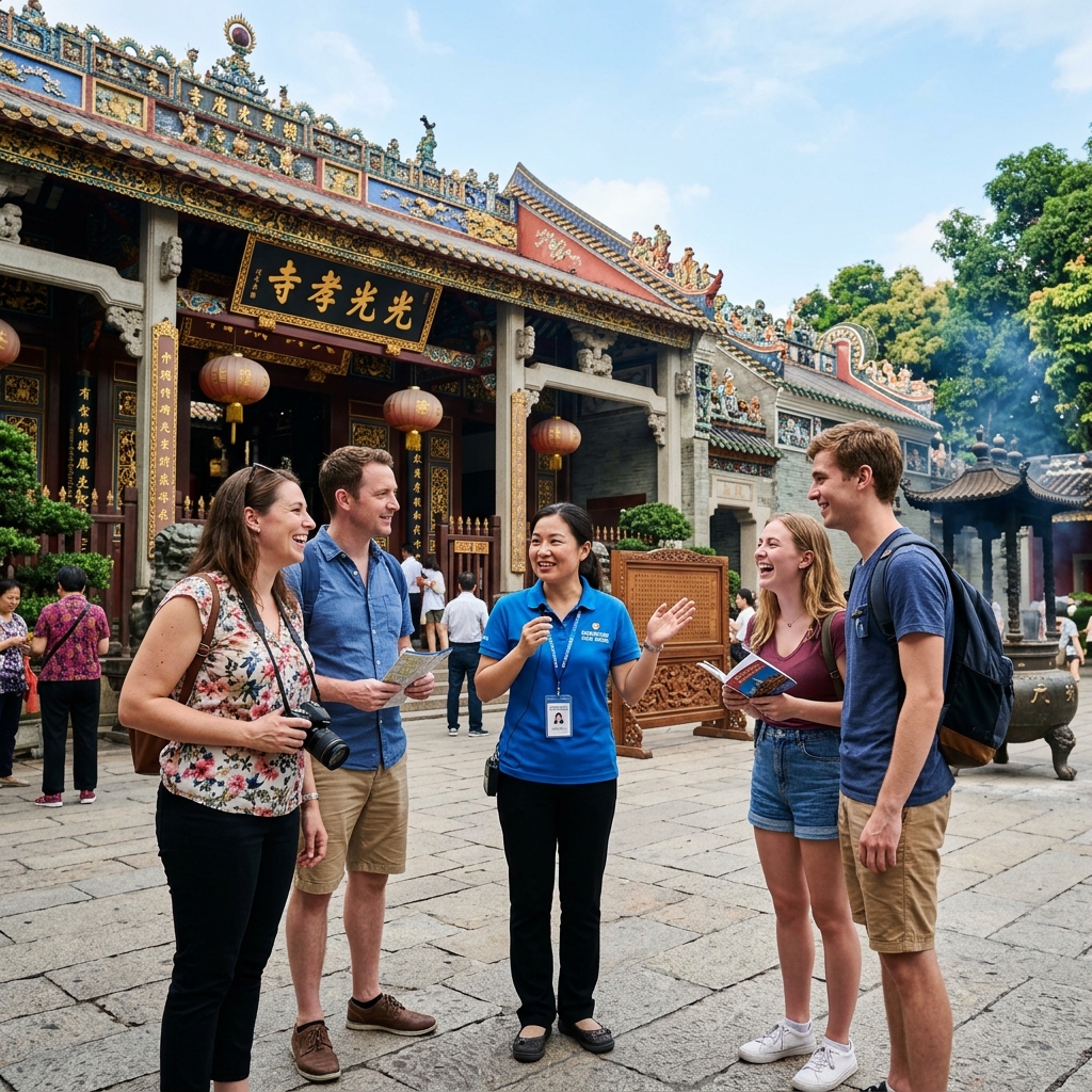 Friendly local tour guide showing cultural landmarks to tourists