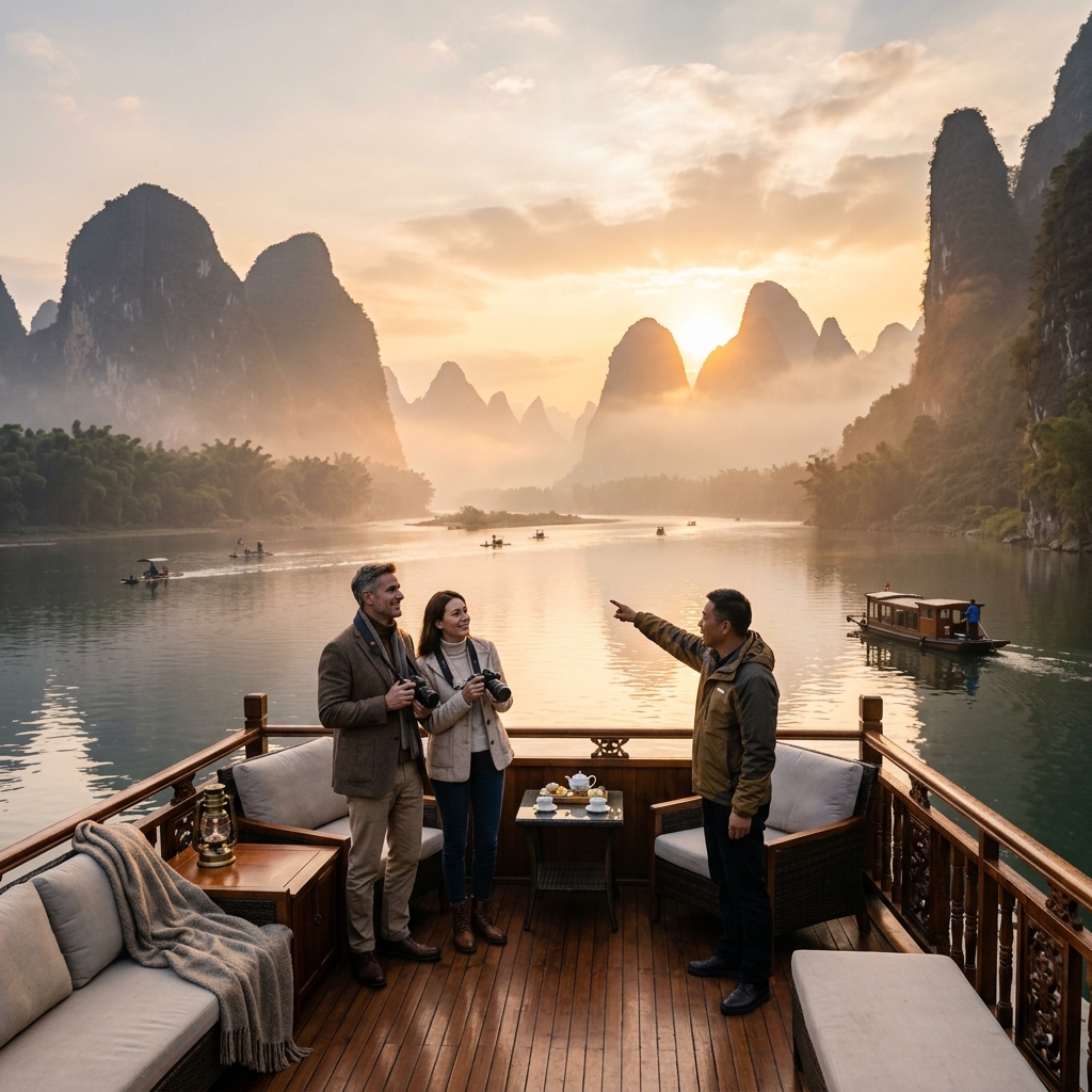 Private China tour cruise surrounded by Guilin karst mountains at sunrise