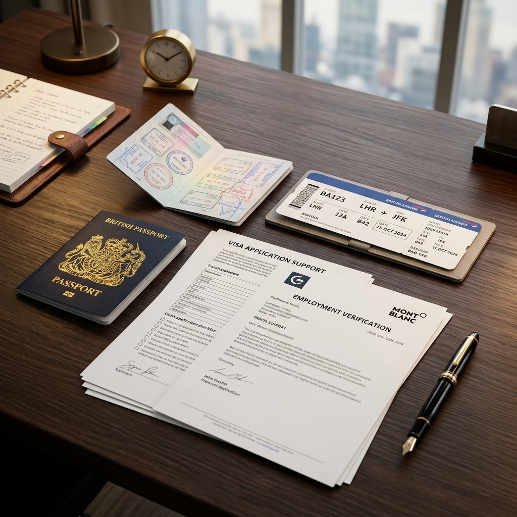 Chinese visa stamped passport and travel support documents